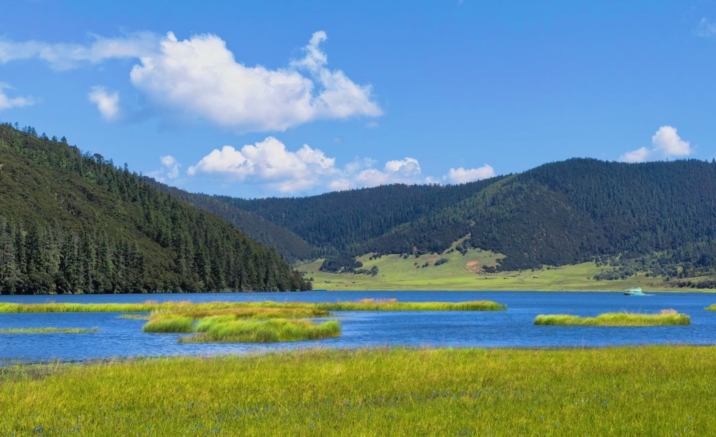 Scenery of Shudu Lake in Pudacuo National Park, Shangri-La, China in spring, featuring a clear blue lake with small grass islands, green forested mountains, and a boat under a partly cloudy sky.